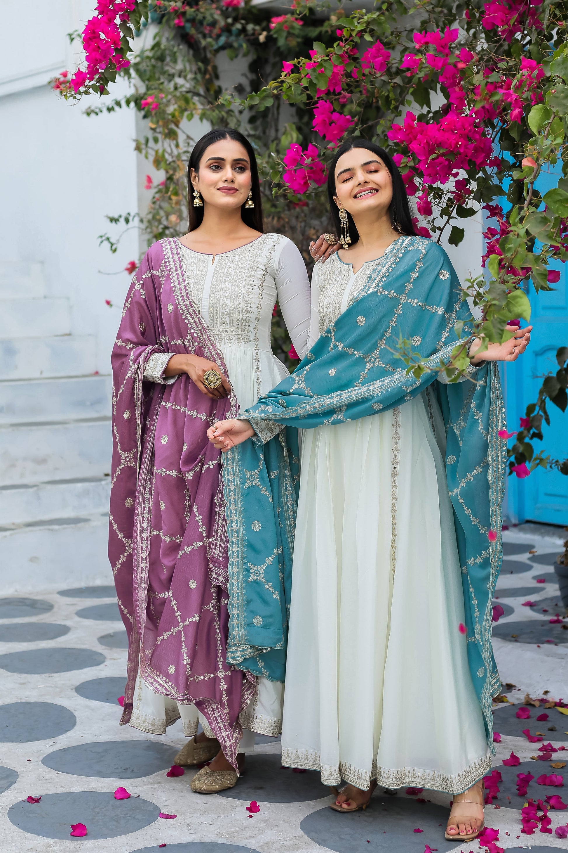 Magnificent Pure Chinon Silk Sequins Embroidered Anarkali Pant Suit - INDIAN ELEGANCE