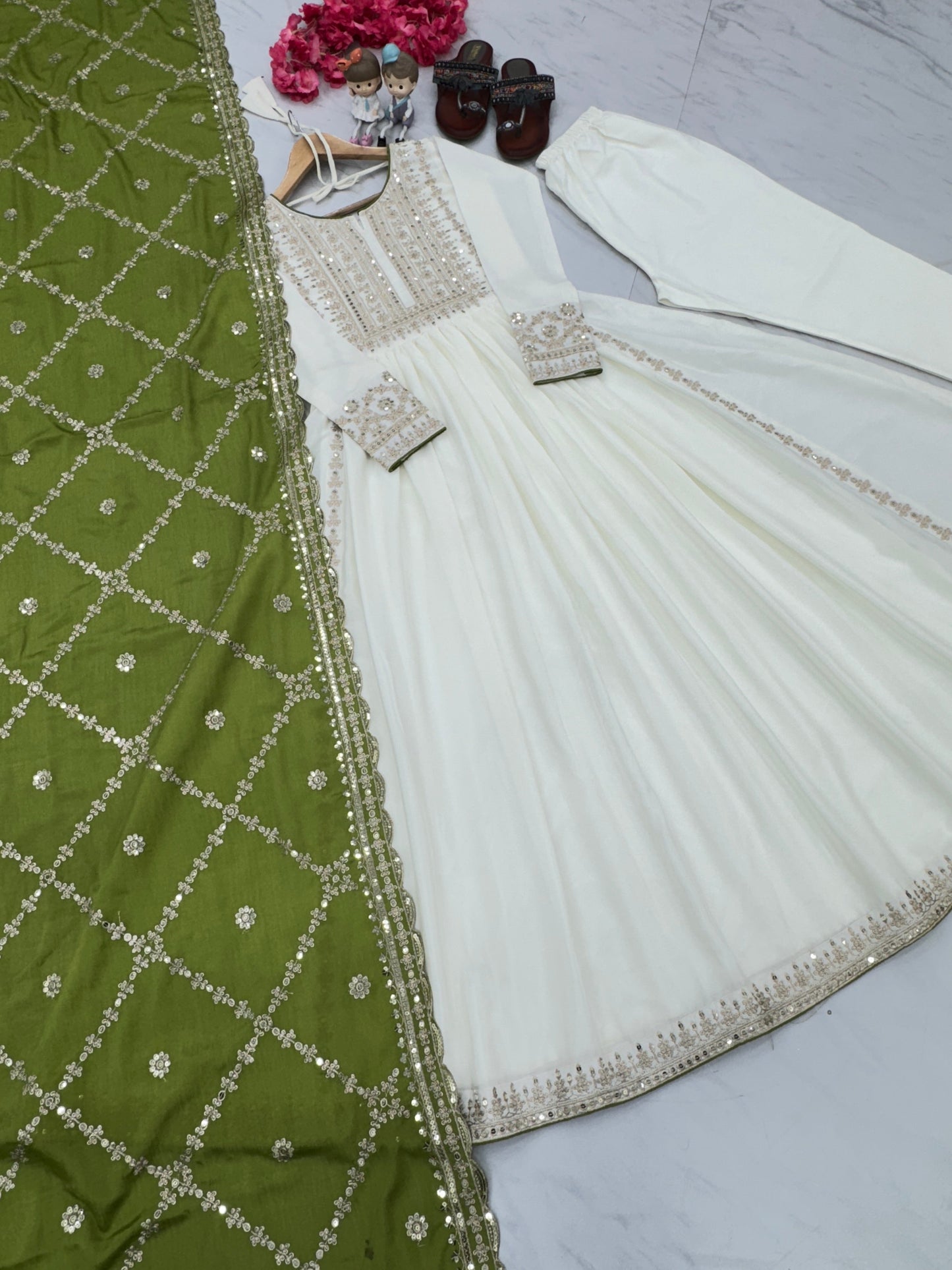 Magnificent Pure Chinon Silk Sequins Embroidered Anarkali Pant Suit - INDIAN ELEGANCE