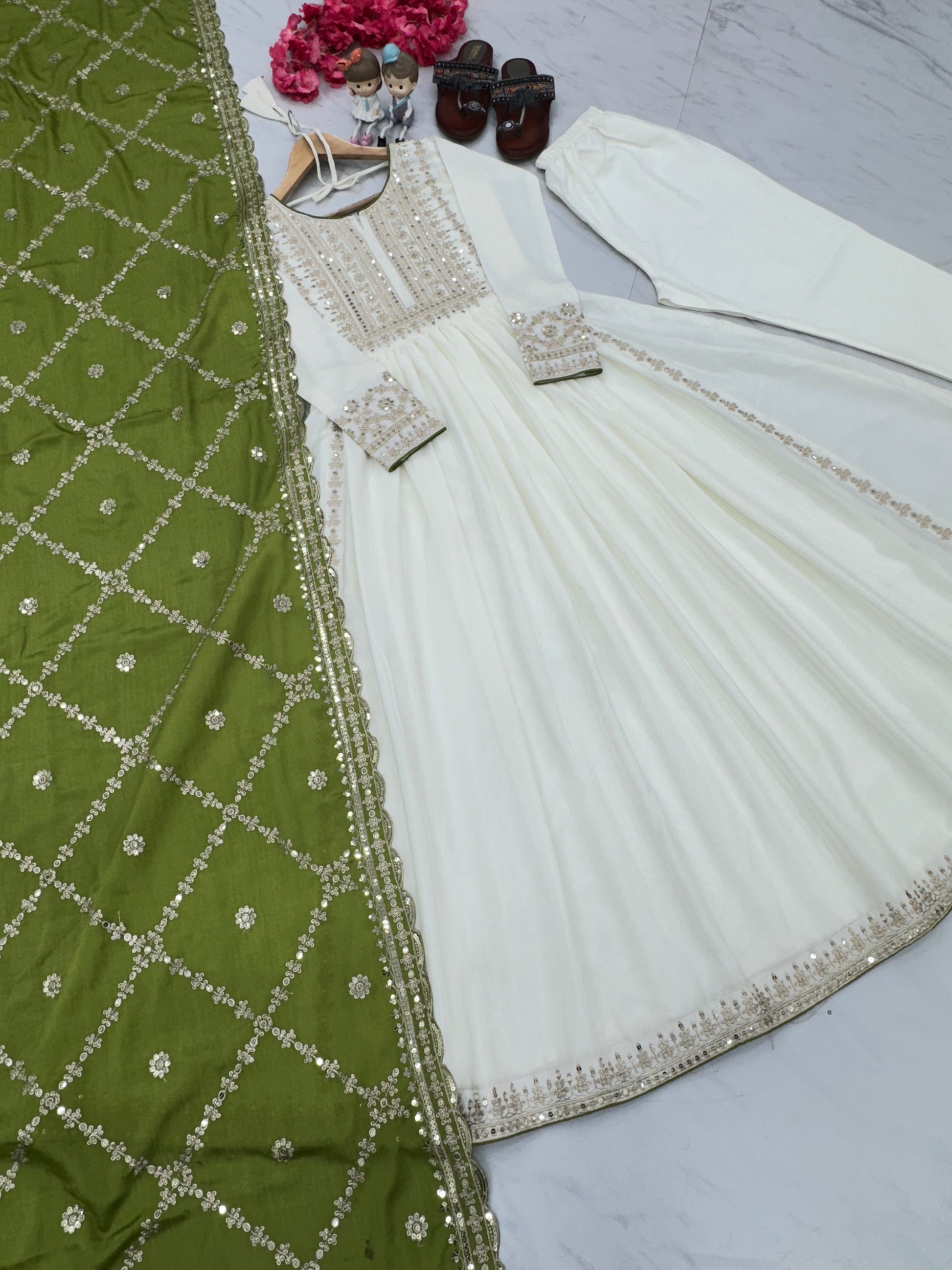 Magnificent Pure Chinon Silk Sequins Embroidered Anarkali Pant Suit - INDIAN ELEGANCE