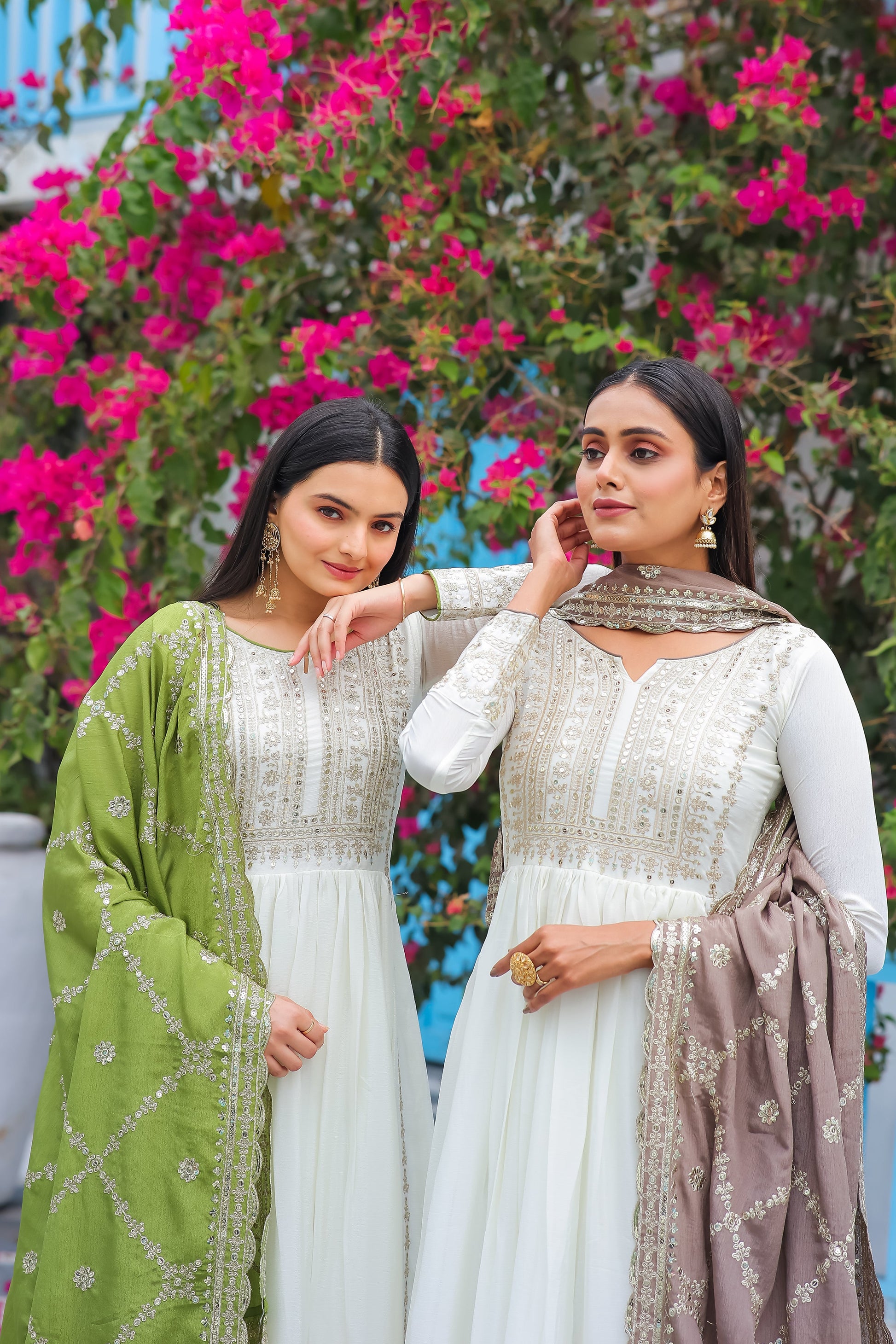 Magnificent Pure Chinon Silk Sequins Embroidered Anarkali Pant Suit - INDIAN ELEGANCE