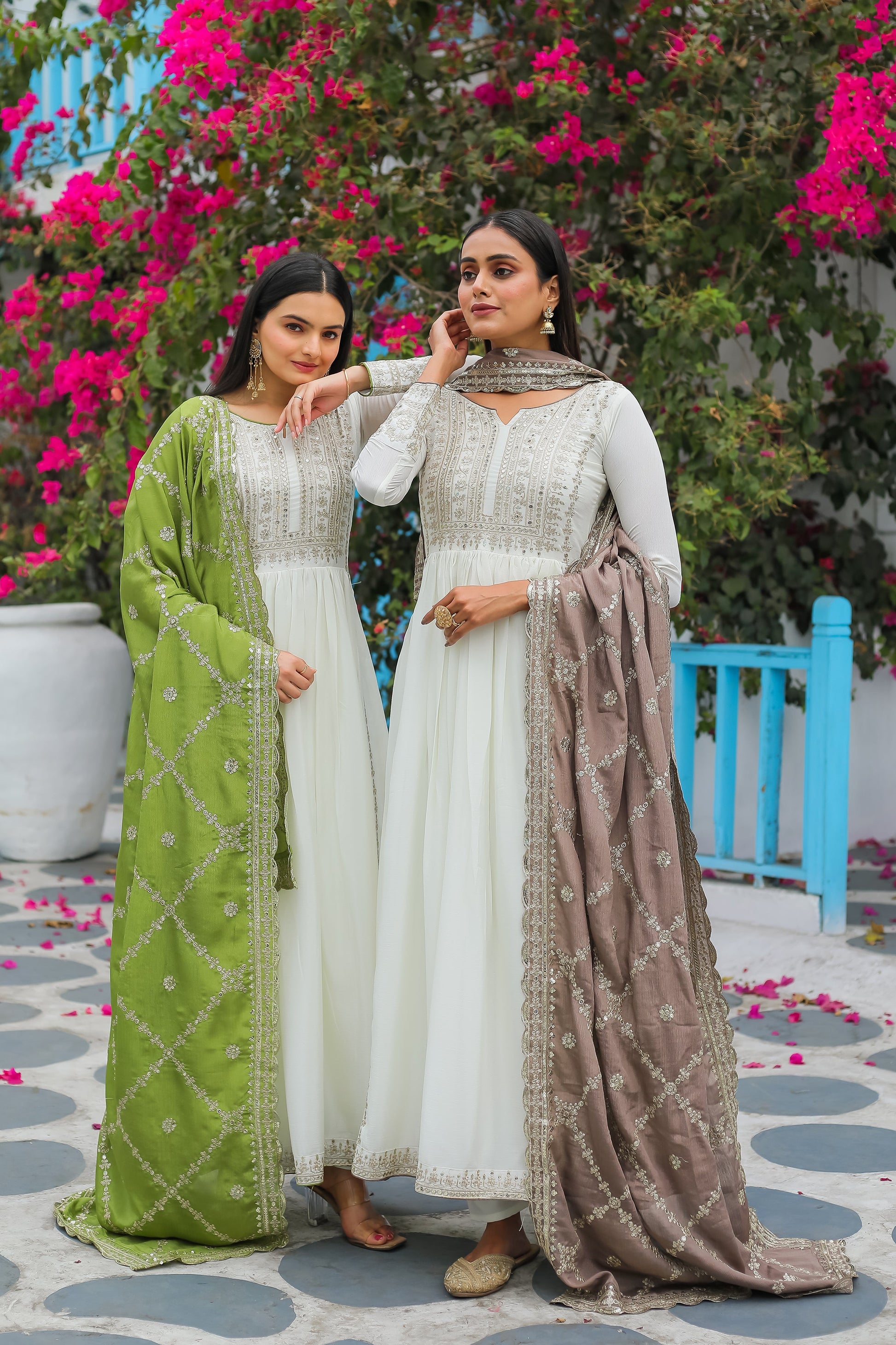 Magnificent Pure Chinon Silk Sequins Embroidered Anarkali Pant Suit - INDIAN ELEGANCE