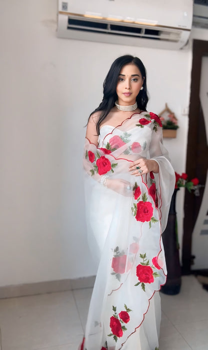 White Organza Ready to Wear Saree with Red Rose Embroidery