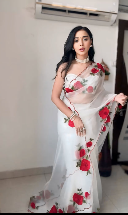White Organza Ready to Wear Saree with Red Rose Embroidery