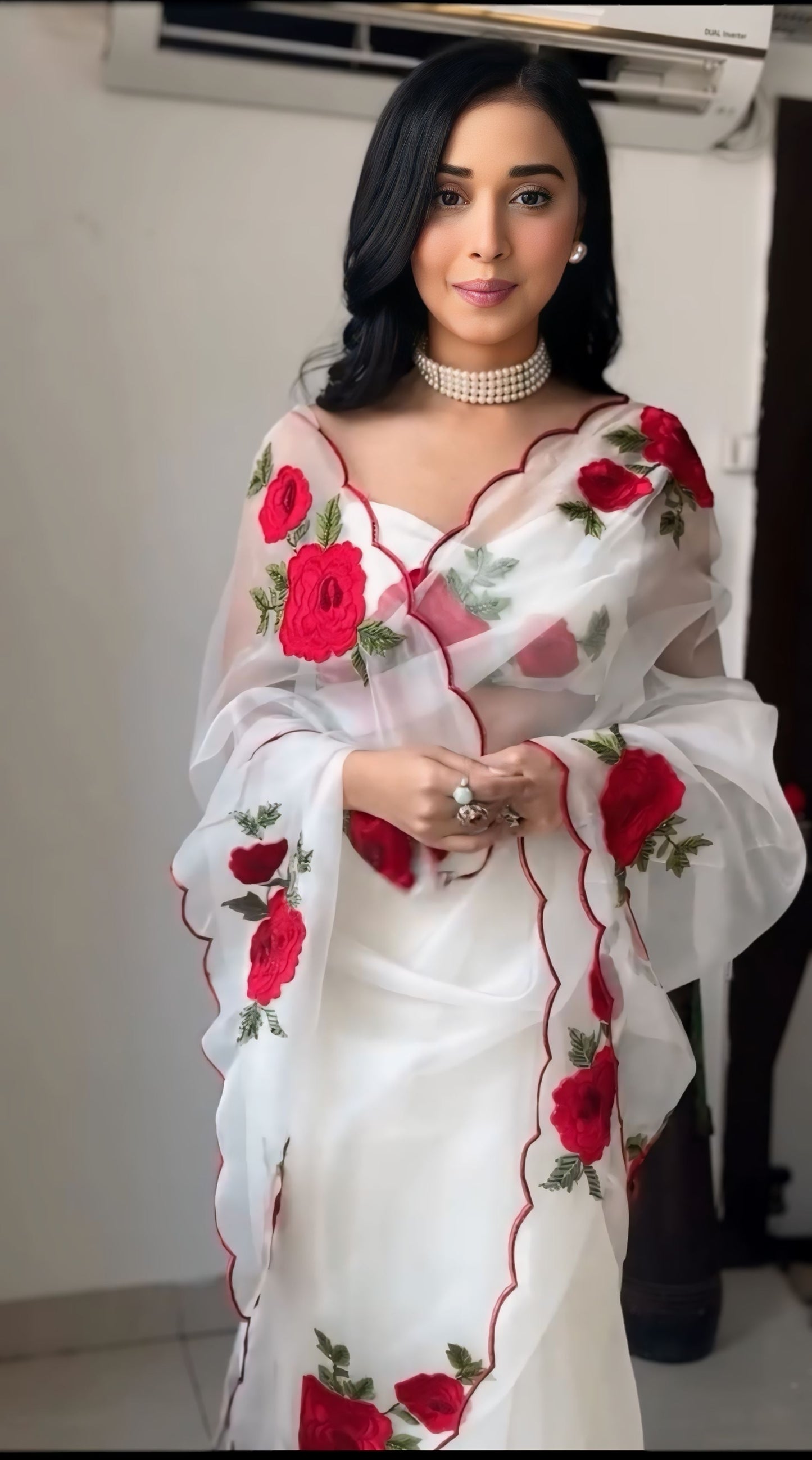 White Organza Ready to Wear Saree with Red Rose Embroidery