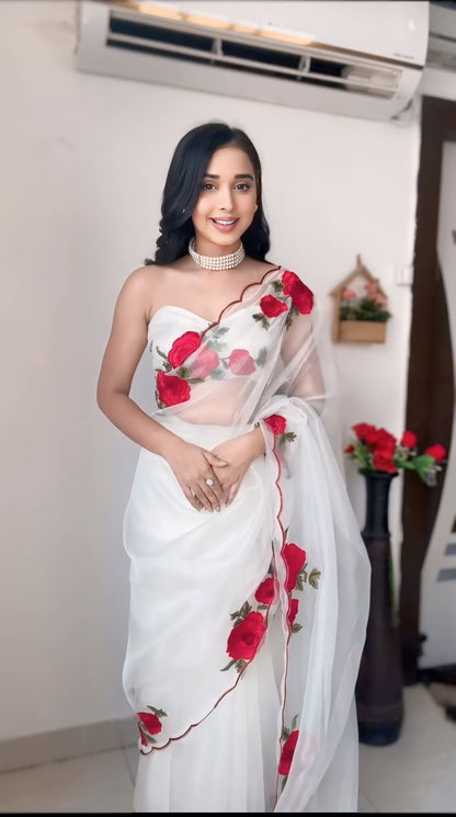 White Organza Ready to Wear Saree with Red Rose Embroidery