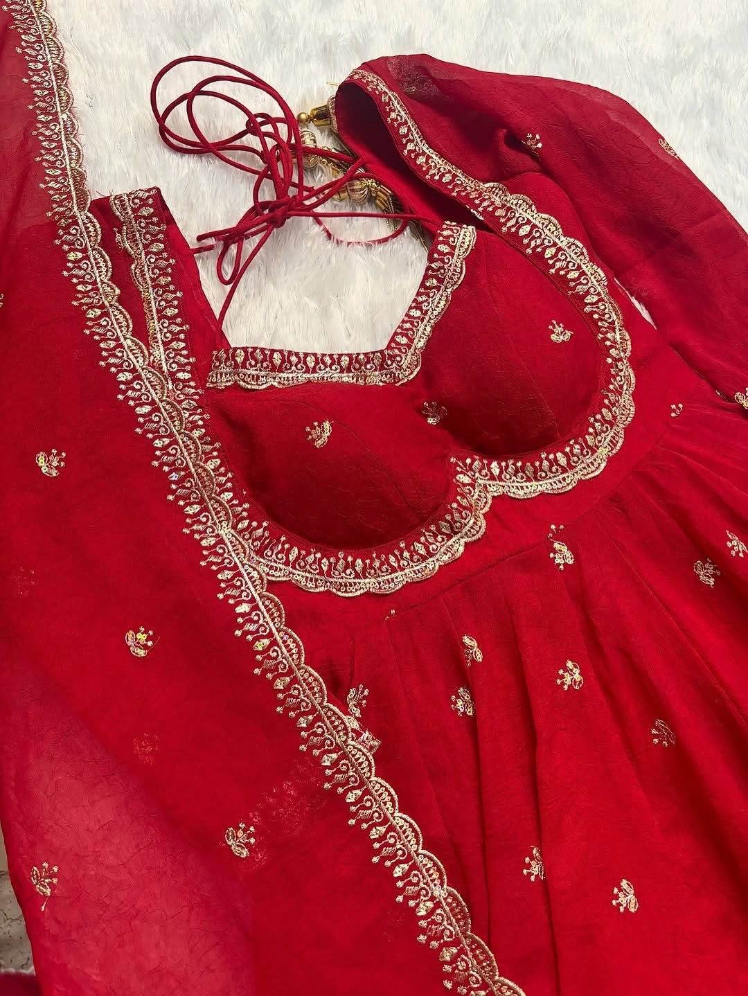 Royal Red Chilli Slit Designer Fancy Neckline Anarkali Festive Wear Suit
