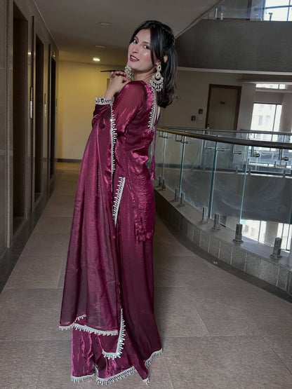 Premium Fandy Silk Kurta Palazzo Set With Dupatta-Ready To Wear Outfits