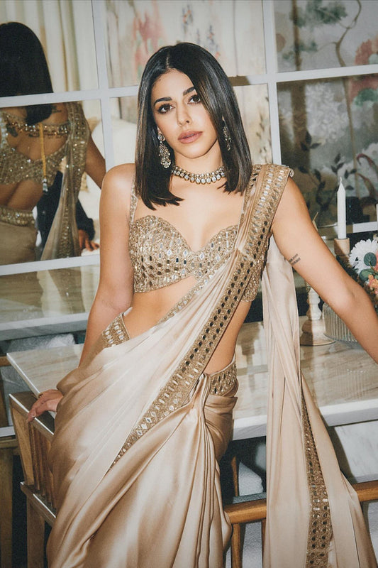 Partywear Silk Saree with Real Mirror Work Border & Designer Blouse