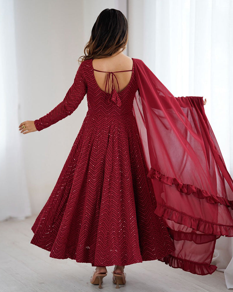 Maroon Color Georgette Lucknowi Three Piece Anarkali Suit