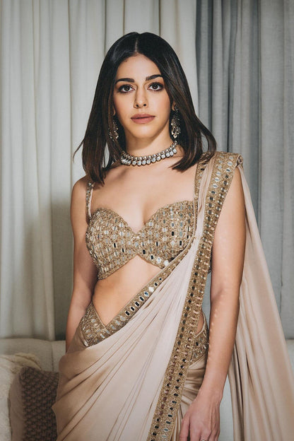 Partywear Silk Saree with Real Mirror Work Border & Designer Blouse