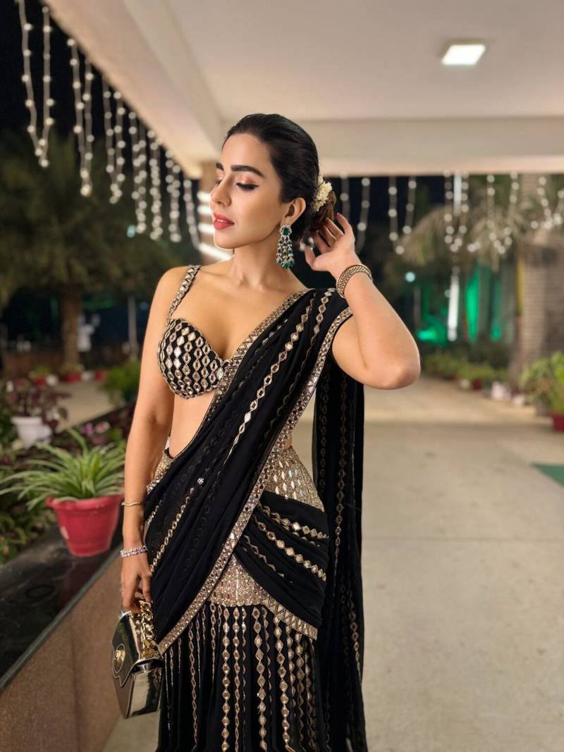 Black & Silver Mirror Work Pre-Draped  Lehenga Saree With Designer Blouse