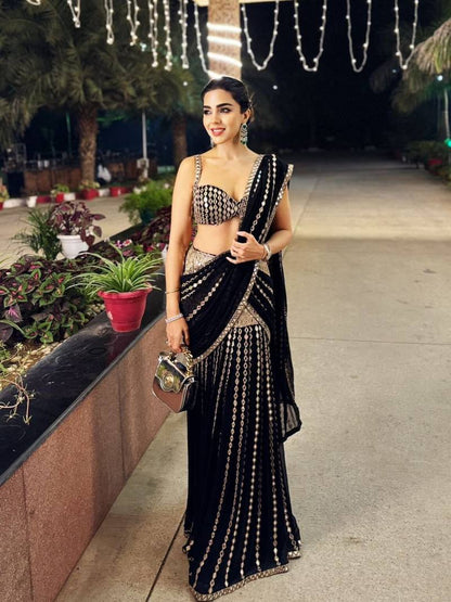 Black & Silver Mirror Work Pre-Draped  Lehenga Saree With Designer Blouse