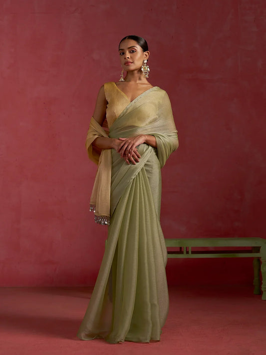 Classy Partywear designer pista yellow Shade chiffon saree