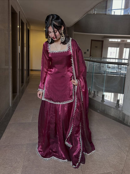 Premium Fandy Silk Kurta Palazzo Set With Dupatta-Ready To Wear Outfits