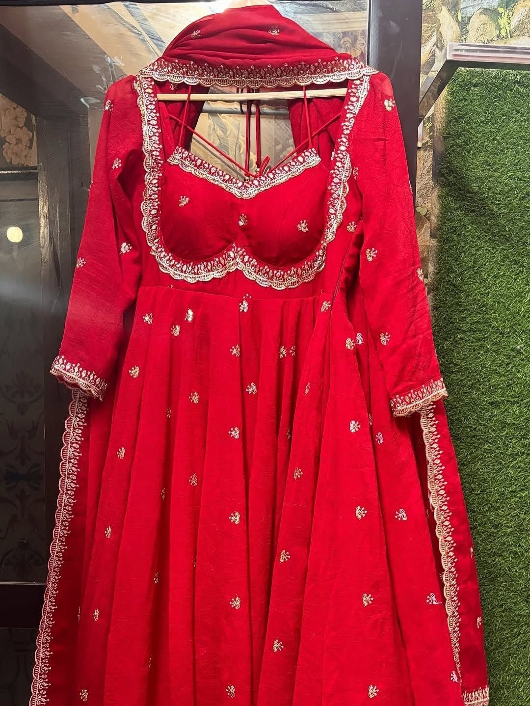 Royal Red Chilli Slit Designer Fancy Neckline Anarkali Festive Wear Suit