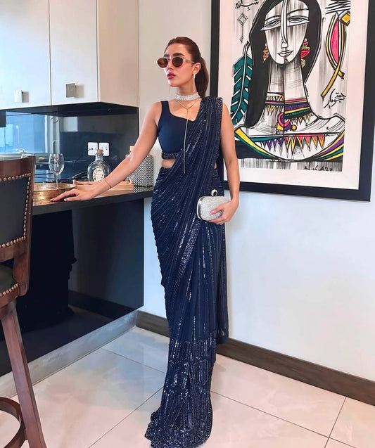 Navy Blue Georgette Sequin Saree - Party Wear