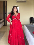 Royal Red Chilli Slit Designer Fancy Neckline Anarkali Festive Wear Suit