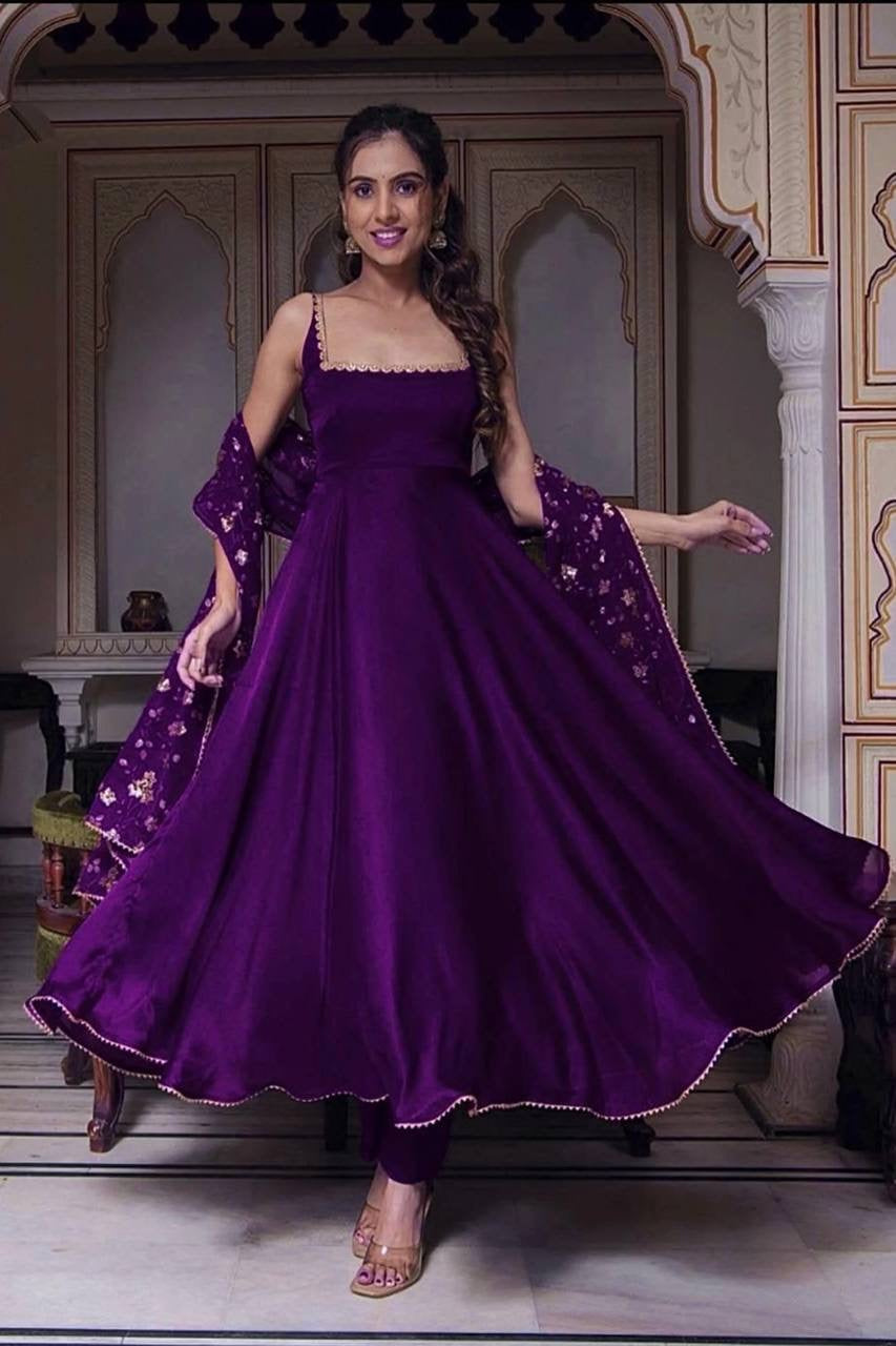 Royal Purple Soft Georgette Fully Flair Anarakli Suit With Dupatta