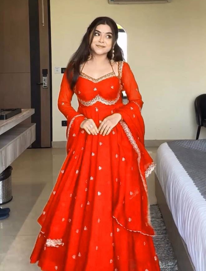 Royal Red Chilli Slit Designer Fancy Neckline Anarkali Festive Wear Suit