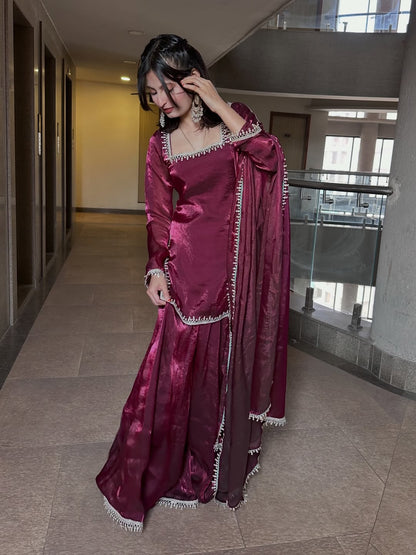 Premium Fandy Silk Kurta Palazzo Set With Dupatta-Ready To Wear Outfits