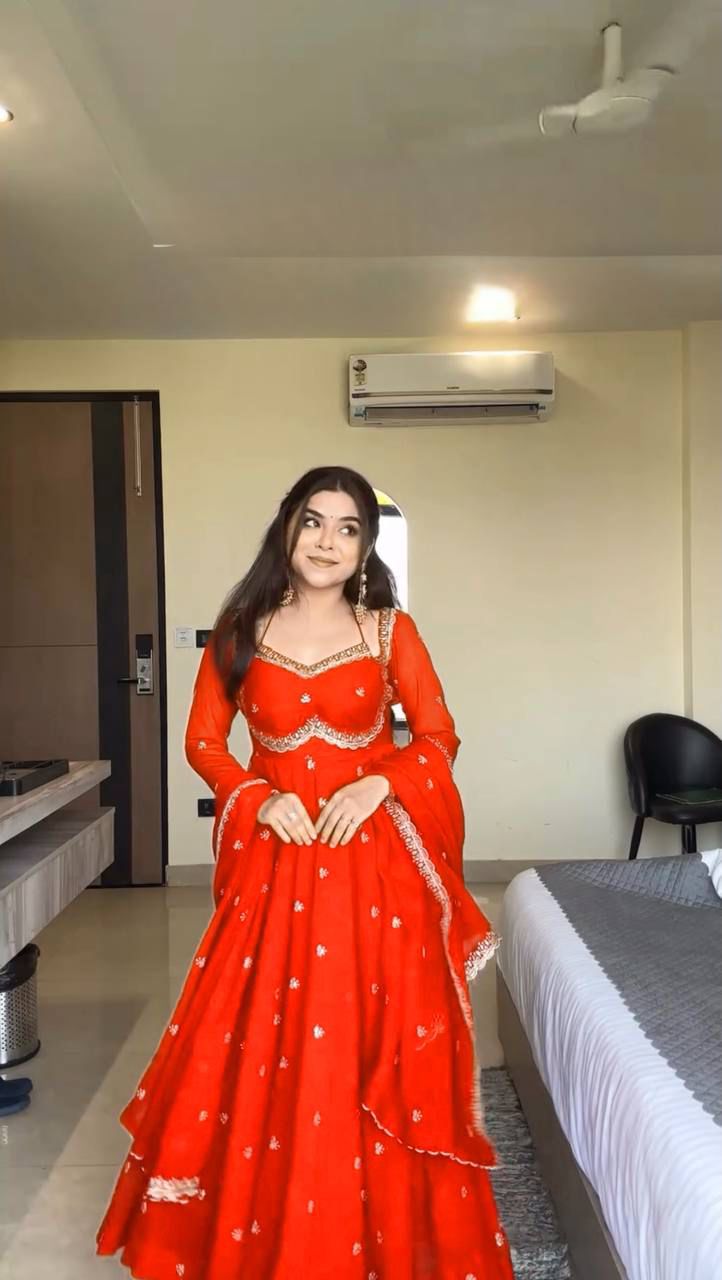 Royal Red Chilli Slit Designer Fancy Neckline Anarkali Festive Wear Suit