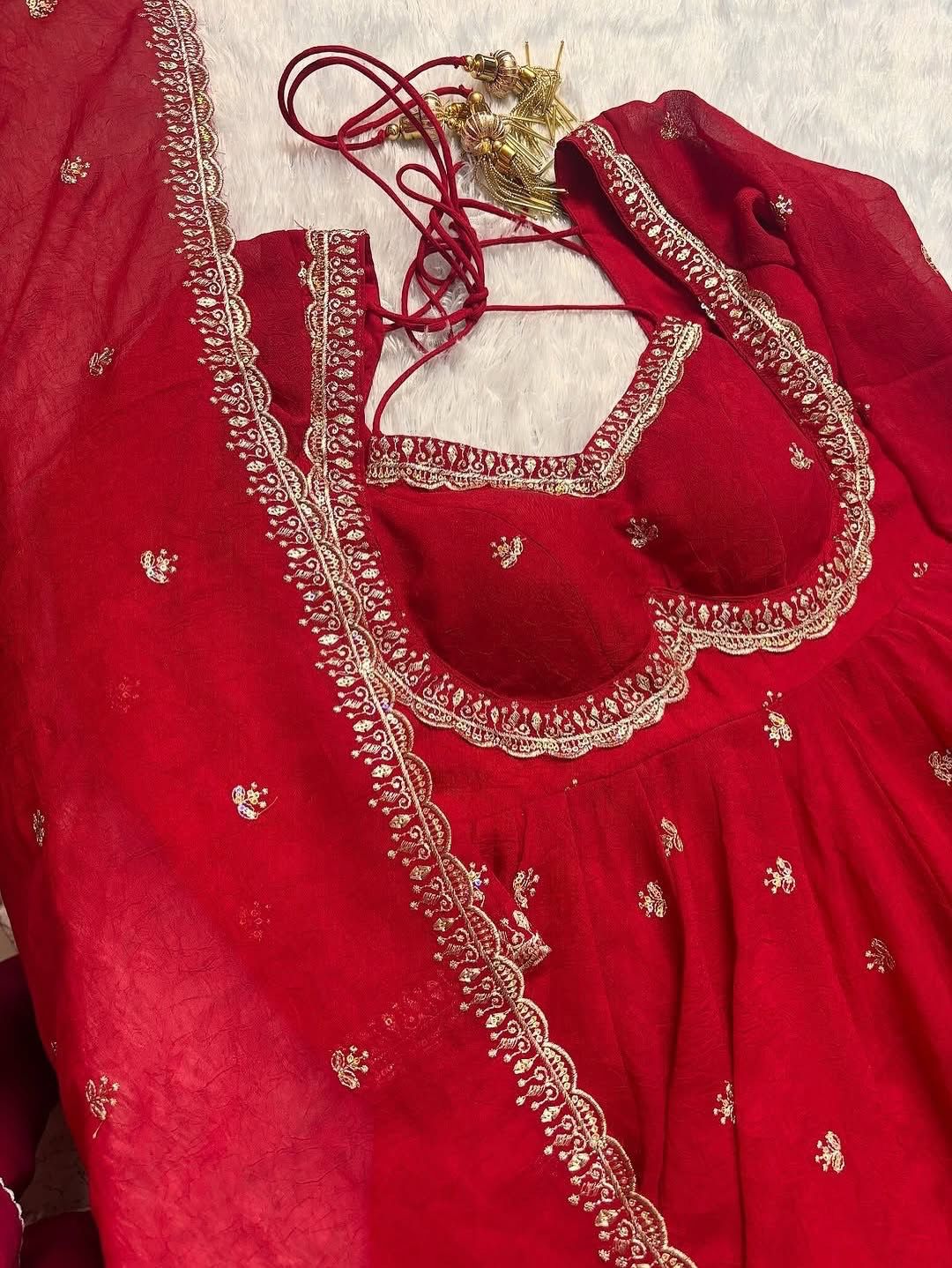 Royal Red Chilli Slit Designer Fancy Neckline Anarkali Festive Wear Suit