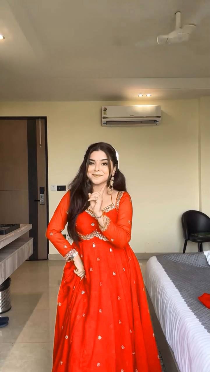 Royal Red Chilli Slit Designer Fancy Neckline Anarkali Festive Wear Suit