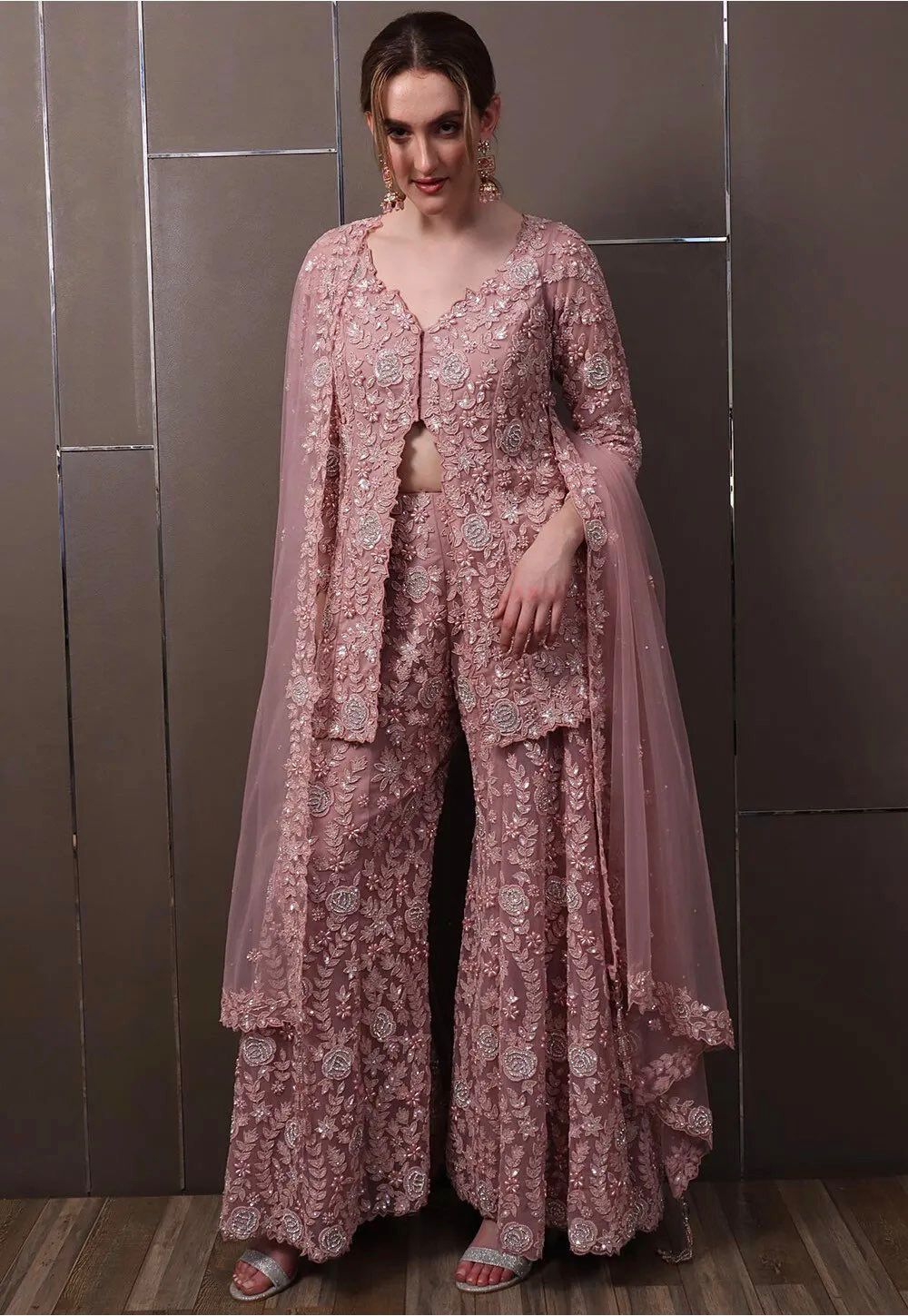 Rose Pink Georgette Sequined  And Rivet Moti Palazzo Suit