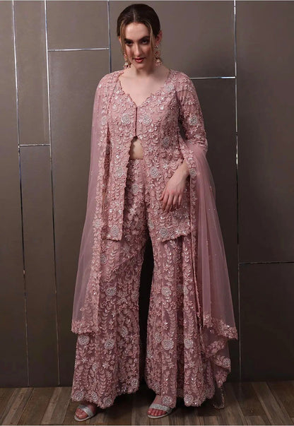Rose Pink Georgette Sequined  And Rivet Moti Palazzo Suit
