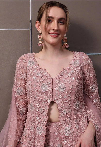 Rose Pink Georgette Sequined  And Rivet Moti Palazzo Suit