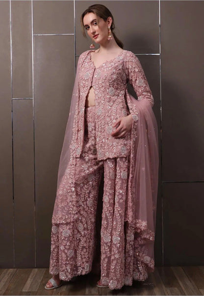 Rose Pink Georgette Sequined  And Rivet Moti Palazzo Suit