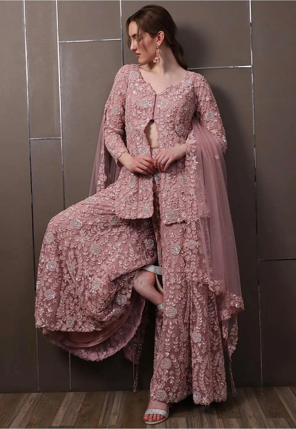 Rose Pink Georgette Sequined  And Rivet Moti Palazzo Suit