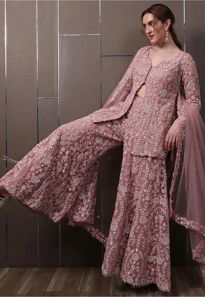 Rose Pink Georgette Sequined  And Rivet Moti Palazzo Suit
