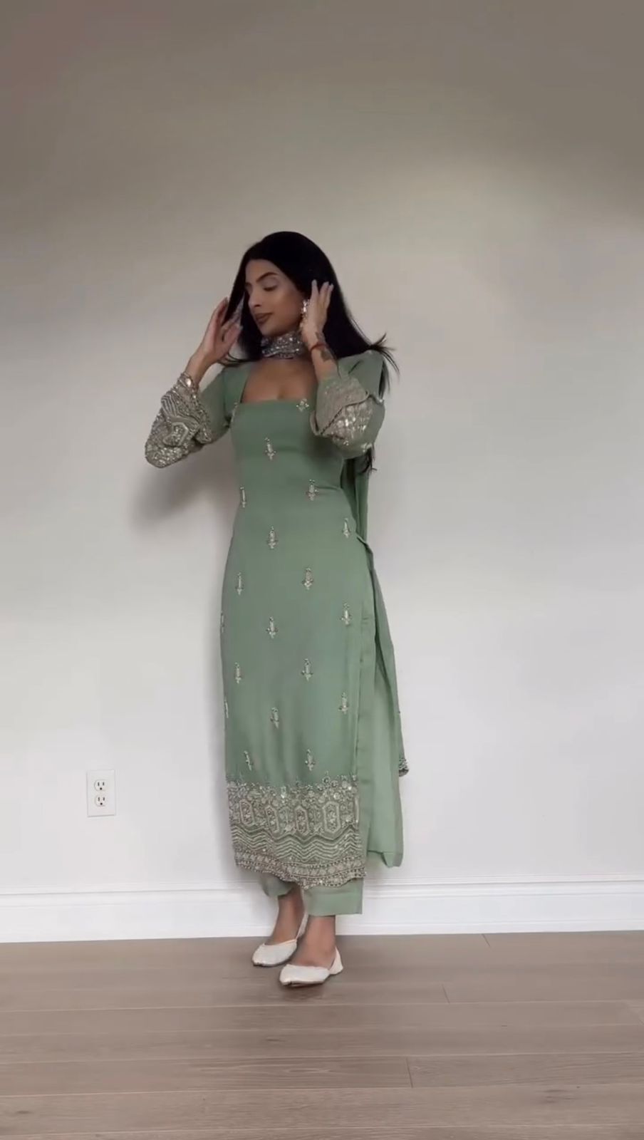 Faux Georgette Sequence Embroidered Palazzo Suit With Lace Border Dupatta
