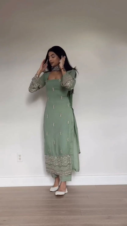 Faux Georgette Sequence Embroidered Palazzo Suit With Lace Border Dupatta