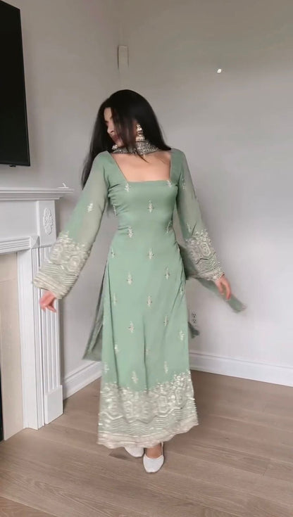 Faux Georgette Sequence Embroidered Palazzo Suit With Lace Border Dupatta