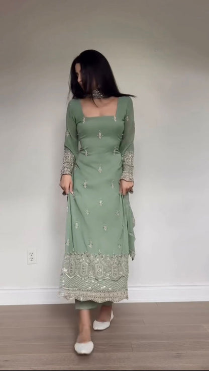 Faux Georgette Sequence Embroidered Palazzo Suit With Lace Border Dupatta