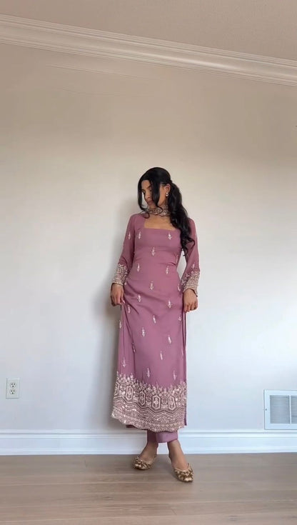 Faux Georgette Sequence Embroidered Palazzo Suit With Lace Border Dupatta