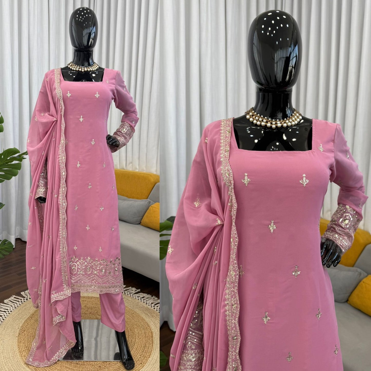 Faux Georgette Sequence Embroidered Palazzo Suit With Lace Border Dupatta