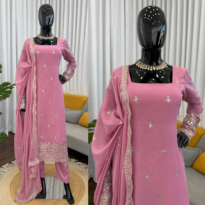 Faux Georgette Sequence Embroidered Palazzo Suit With Lace Border Dupatta