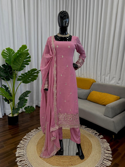 Faux Georgette Sequence Embroidered Palazzo Suit With Lace Border Dupatta