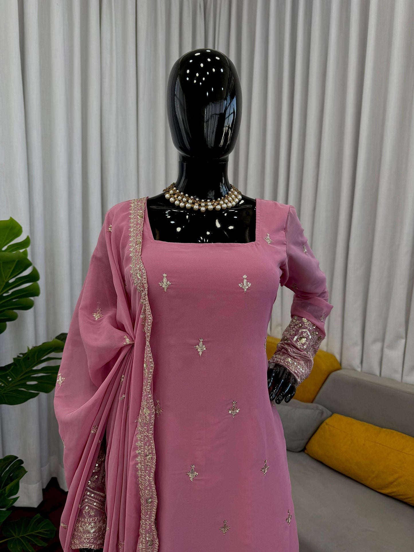 Faux Georgette Sequence Embroidered Palazzo Suit With Lace Border Dupatta