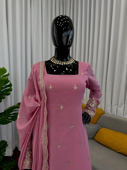 Faux Georgette Sequence Embroidered Palazzo Suit With Lace Border Dupatta