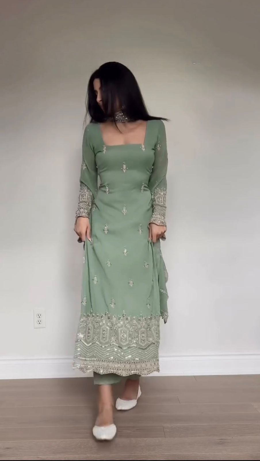 Faux Georgette Sequence Embroidered Palazzo Suit With Lace Border Dupatta