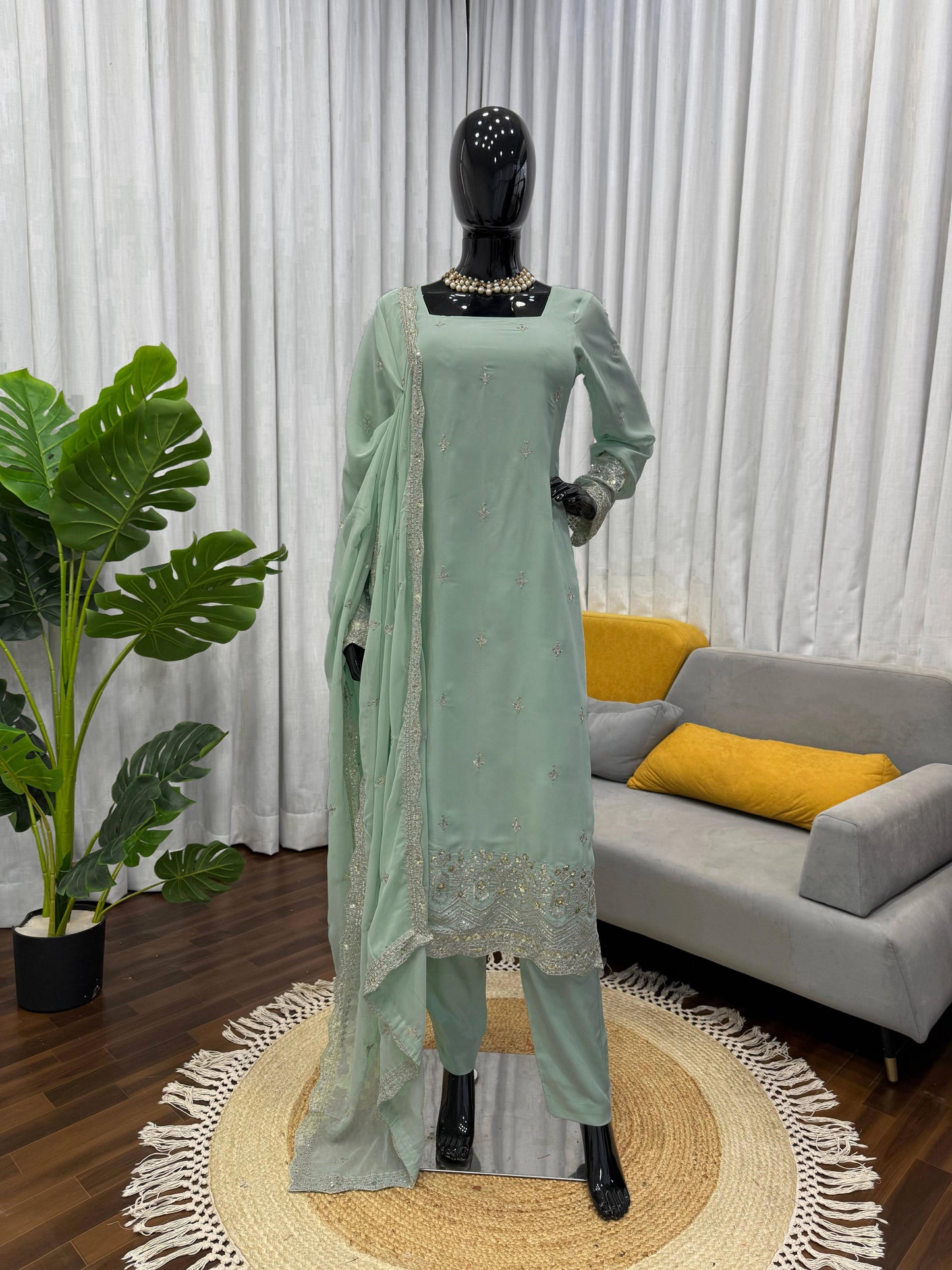 Faux Georgette Sequence Embroidered Palazzo Suit With Lace Border Dupatta