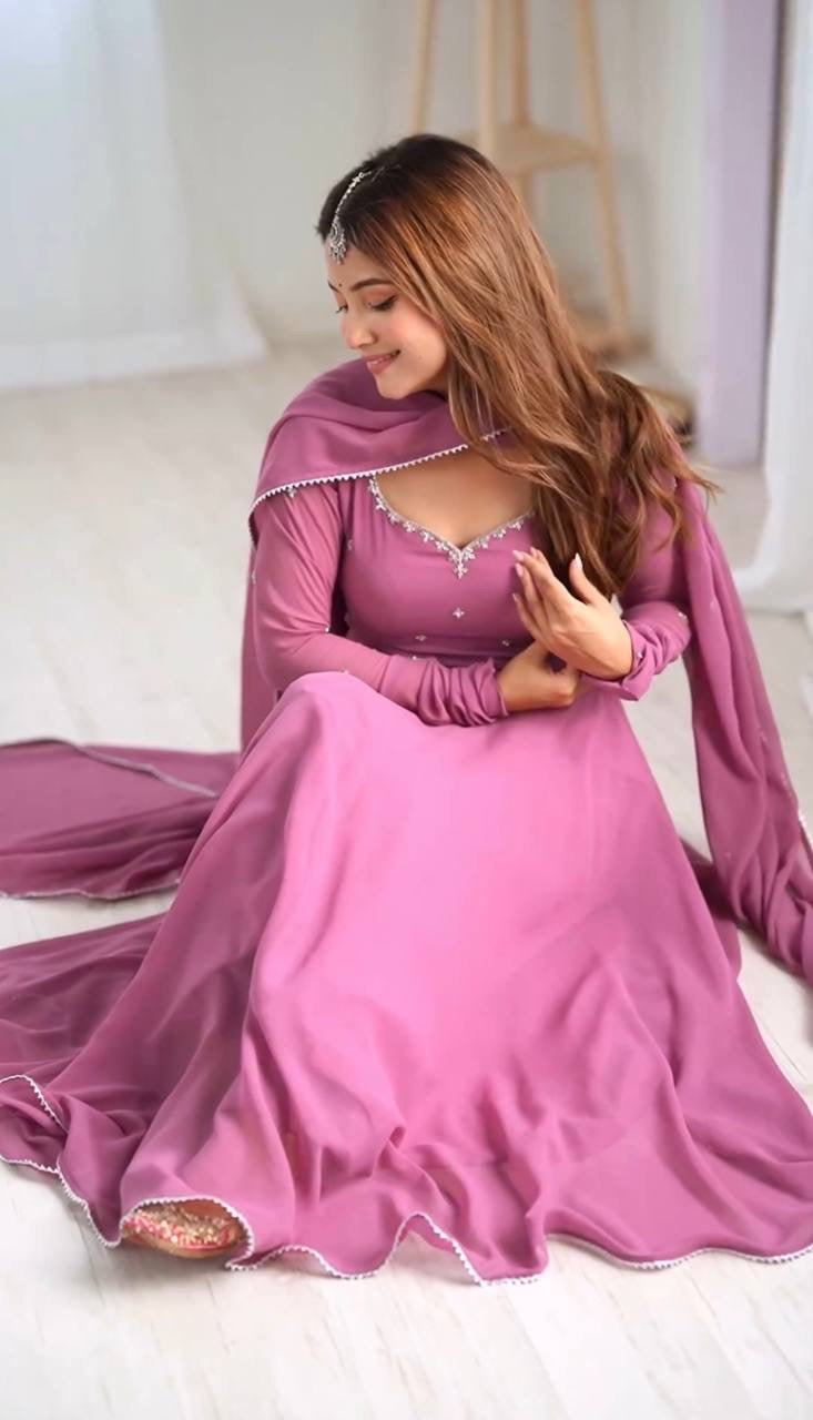 Beautiful Lavender Color Gerogatte Fabric Fully Stiched Anarkali -Festive Wear