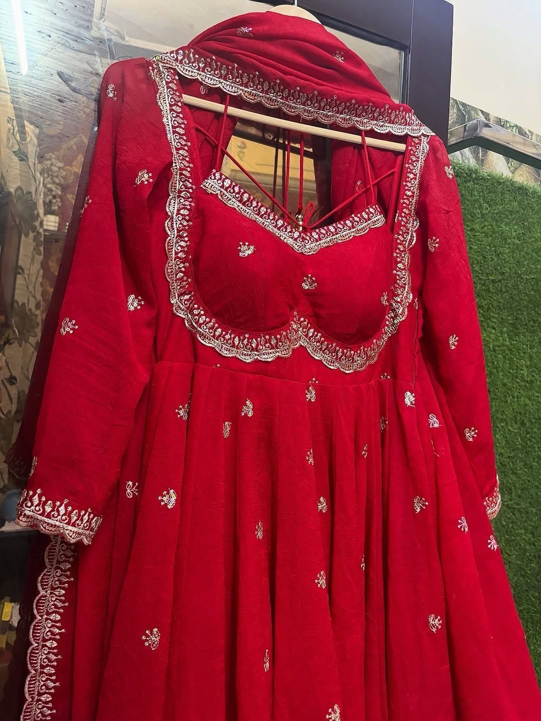 Royal Red Chilli Slit Designer Fancy Neckline Anarkali Festive Wear Suit