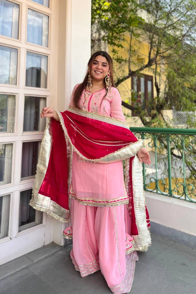 Women's Ethnic Georgette Sharara Set with Traditional Mirror Work