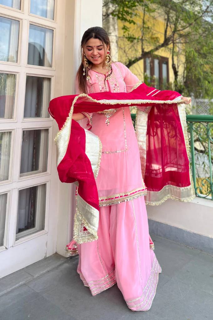 Women's Ethnic Georgette Sharara Set with Traditional Mirror Work