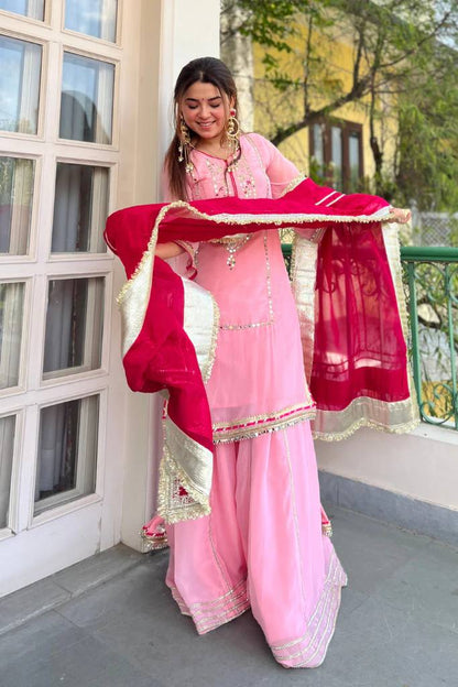 Women's Ethnic Georgette Sharara Set with Traditional Mirror Work